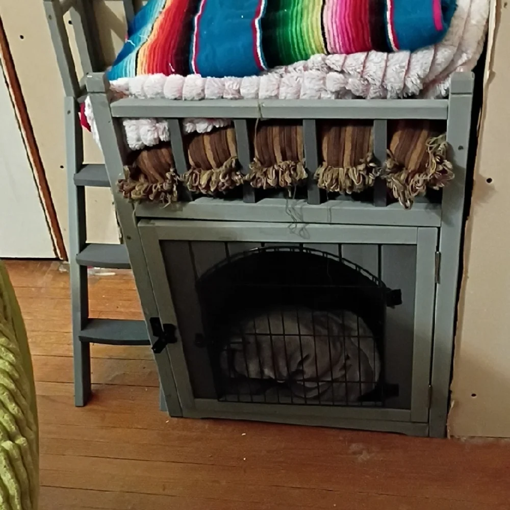 Gray Wooden Dog Crate with Ladder